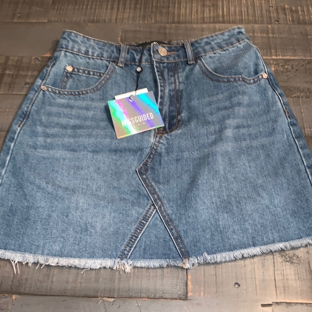 Missguided Denim Blue Mini Skirt Raw Frayed Hem High Waisted Size US 0 NEW